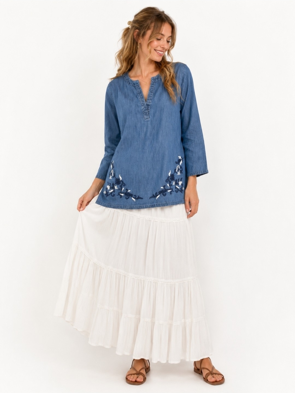 Country Store Chambray Embroidered Top Cottagecore Coastal Boho 100% Cotton M